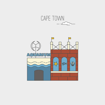 Two Oceans Aquarium in Cape Town. Republic of South Africa country design template. Historic buildings, landmarks sightseeings, showplaces symbols. Vector line cartoon style illustration