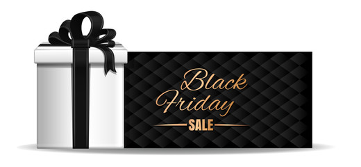Black Friday banner design. Gift box with ribbon and bow on the black background of a greeting card.  Vector illustration