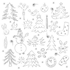 Hand Drawn Cute Christmas Sketch Set. Children Drawings of Snowman,  Fir Trees,  Candle, Toys, Angel, Stars and Snowflakes. Perfect for festive design. Vector illustration.