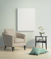 Contemporary modern interior with beige armchair and a canvas