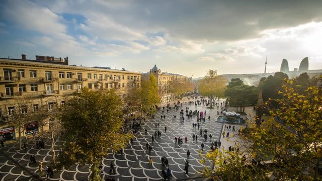 Capital of Azerbaijan Baku people moving at the central street Time-lapse