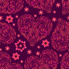 Seamless Background, Valentine Holiday Hearts with Floral Pattern of Pink Symbolical Flowers and Plants. Vector