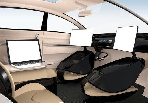 Autonomous car interior design. The monitors have empty copy space. 3D rendering image. 