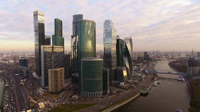 Metropolis. Great big town. Aerial view of the capital of Russia - Moscow. Moscow-City. 4K