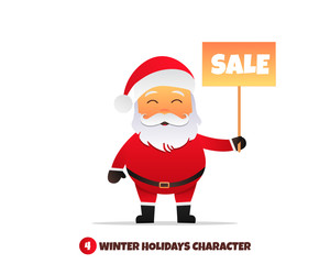 Santa Claus with sale banner. Merry Christmas and New Year.