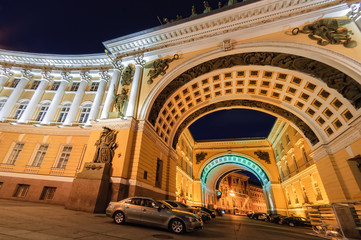 Saint-Petersburg, Russia - May 16, 2006: Arches of Staff on Palace Square at night lighting