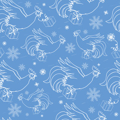 new year's seamless with roosters, gift boxes and snowflakes