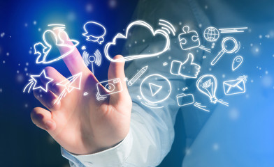 Hand of a man touching futuristic interface with internet icons