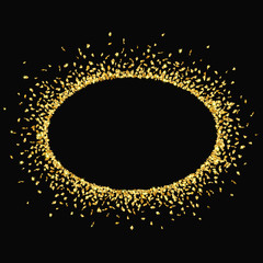 Oval shiny golden confetti frame on black background. Vector illustration.