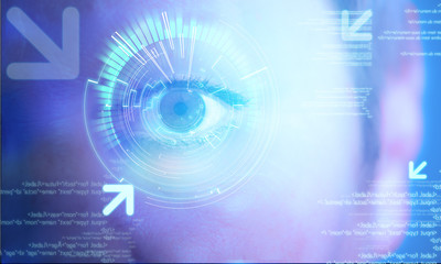 Futuristic technology user interface with an user eye on the bac