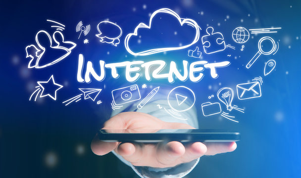 Concept of man holding smartphone with iternet icon around