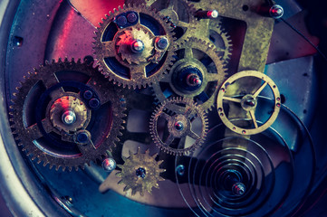 Close view of old clock mechanism with gears and cogs. Conceptual photo for your successful...