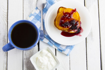 pancakes breakfast coffee white vintage wooden background
