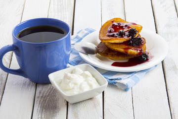 pancakes breakfast coffee white vintage wooden background
