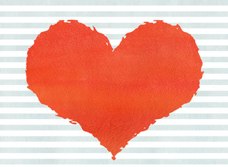 Red watercolor grunge heart on watercolor blue stripes backgroun