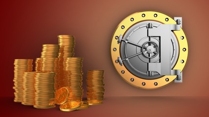 3d illustration of vault door storage over red gradient background with coins