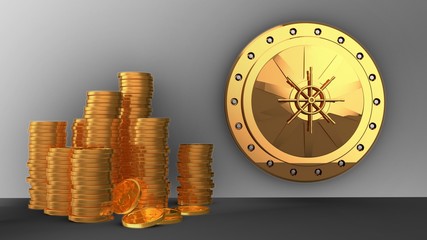 3d illustration of golden vault door over steel background with coins
