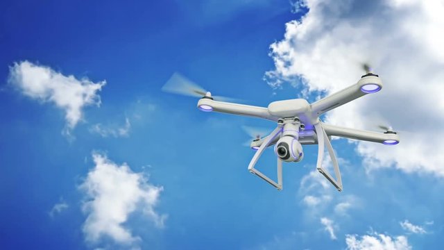 drone, quadrocopter, with photo camera flying in the blue sky. 3d rendering