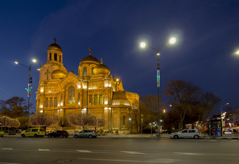The Cathedral of the Assumption in Varna. illuminated at night.