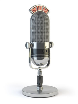Retro old microphone with text on the air. Radio show or audio p