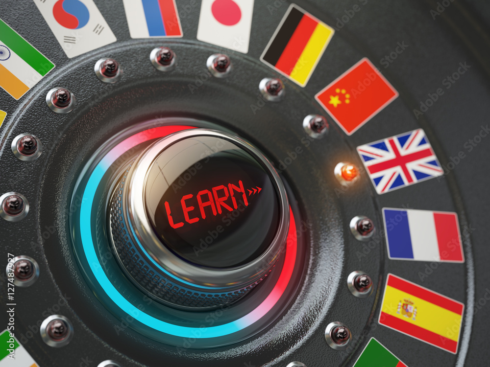Poster Online learning language concept. Switch knob button with flags.