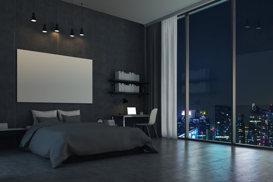 Bedroom with panoramic window and cityscape