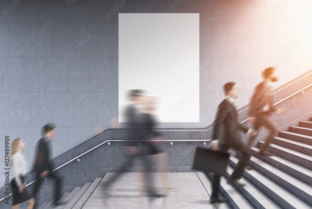 Canvas Prints Side view of entrepreneurs climbing a stair with poster in a bui