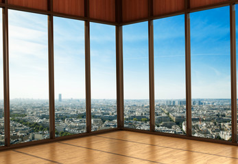 Large Windows in the room. City view from the window. 3D illustr
