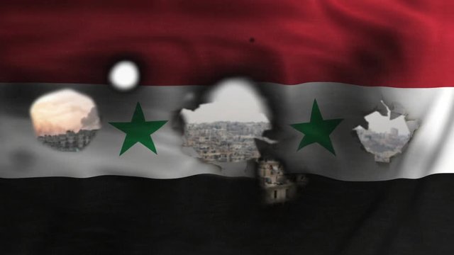Syrian Arab Republic flag waving and bombed city on the background