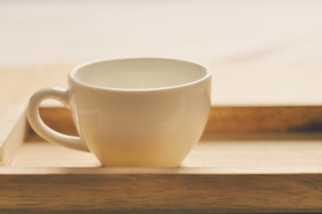 Fototapeta na wymiar Hot Tea Drink In Wooden Box With Morning Relax Vintage Scene