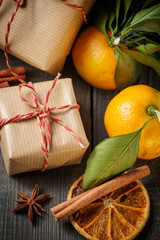 Christmas decoration with gift box and mandarines
