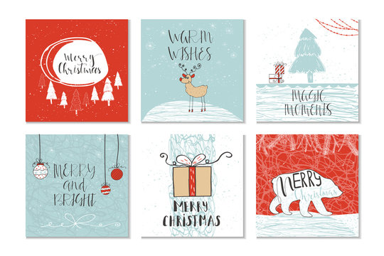 Merry Christmas and Happy new year set of 6 cards. Unique lettering. Vector illustration