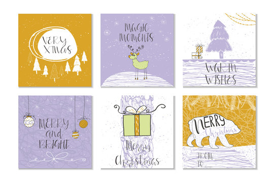 Merry Christmas and Happy new year set of 6 cards. Unique lettering. Vector illustration