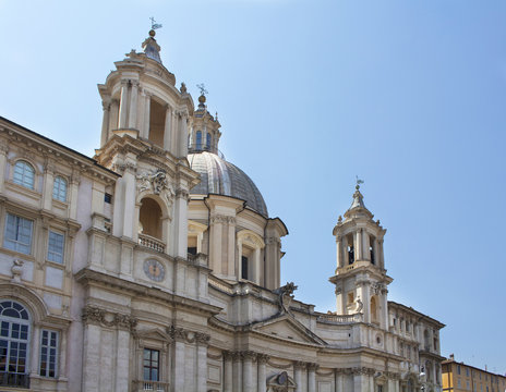 View of Sant Agnese in Agone on Piazza Navona. 17th-century church with frescoes, large-scale sculptures & a shrine containing St Agnes' skull.