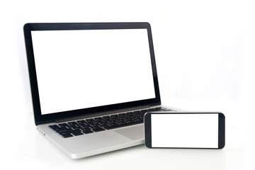 blank screen of notebook and horizontal cell phone, tablet, smar