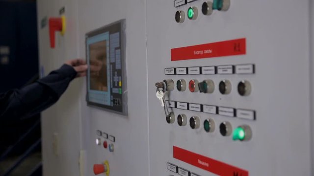Control cabinets, displays at an electrical substation at power plant, factory. HD.
