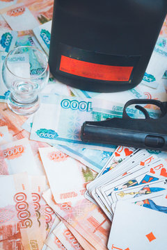 The gun and playing cards Russian big money