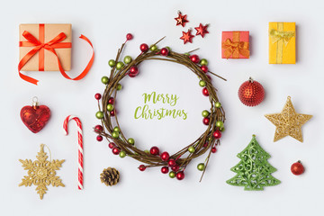 Christmas decorations and objects for mock up template design.View from above. Flat lay