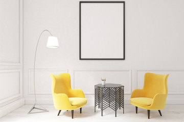 Interior of a living room with framed poster and two yellow armc