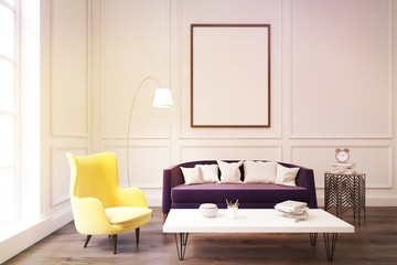 Living room interior with purple sofa, toned