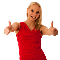 Business woman gestures success with thumbs up