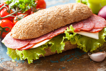 sausage sandwich on a table, selective focus