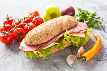 sausage sandwich on a table, selective focus