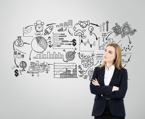 Businesswoman with arms crossed near startup sketches