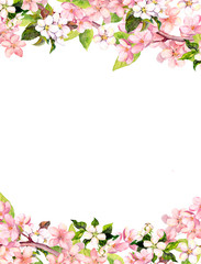 Fototapeta na wymiar Blossom pink sakura flowers. Floral card or blank. Watercolor