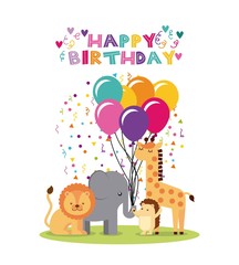 happy birthday card with cute animals with balloons over white background. colorful design. vector illustration