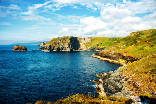 Tintagel Head And Castle Ruins In Cornwall England. Legend Of King Arthur 