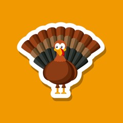 happy thanksgiving card with cartoon turkey sticker over orange background. colorful design. vector illustration