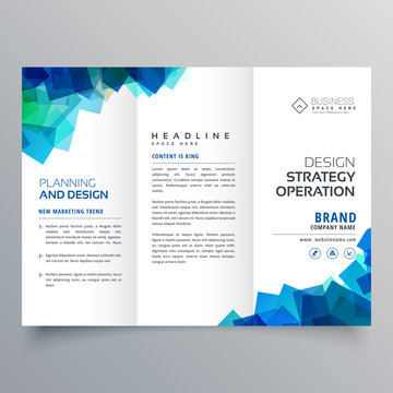 business trifold brochure layout template with abstract blue sha