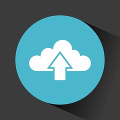 cloud with upload arrow inside blue circle over black background. vector illustration